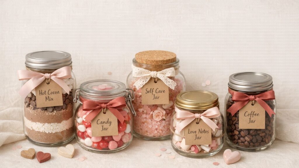 Valentine’s Day gift jars arranged together on a soft neutral background, including hot chocolate, candy, self-care, love notes, and coffee themed jars styled with blush and cream ribbons and gift tags.