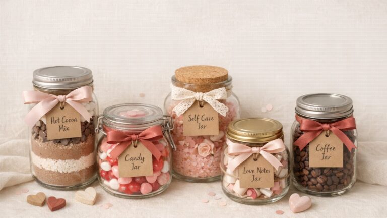 Valentine’s Day gift jars arranged together on a soft neutral background, including hot chocolate, candy, self-care, love notes, and coffee themed jars styled with blush and cream ribbons and gift tags.