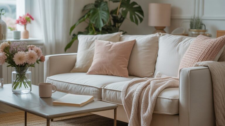 Cosy living room with blush accents and text overlay about thriving while living alone