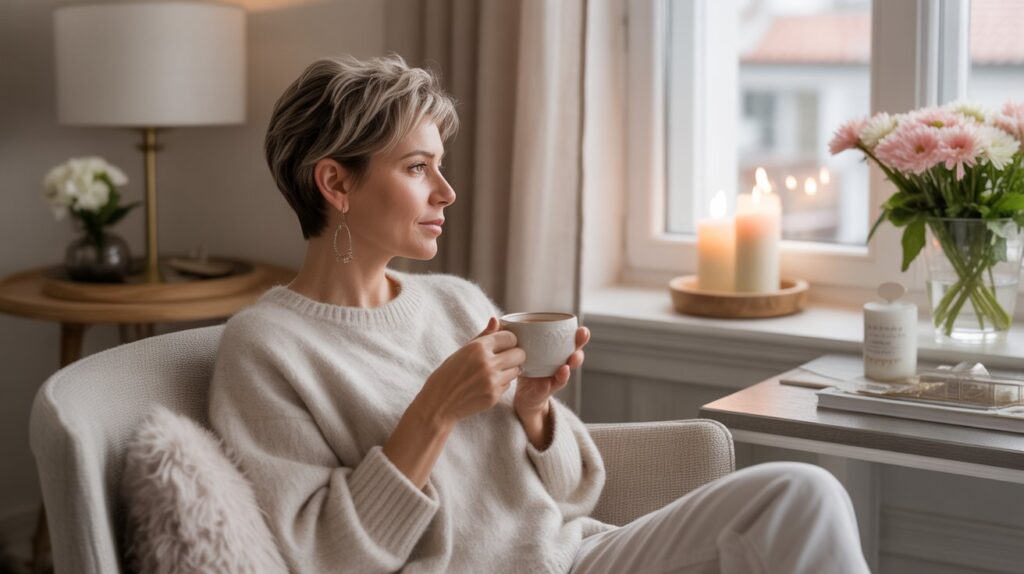 Soft, elegant solo living scene with a woman relaxing at home and text overlay reading 5 Single Living Rituals That Make Everyday Life Feel Luxurious.