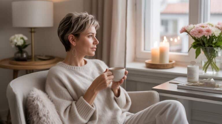 Soft, elegant solo living scene with a woman relaxing at home and text overlay reading 5 Single Living Rituals That Make Everyday Life Feel Luxurious.