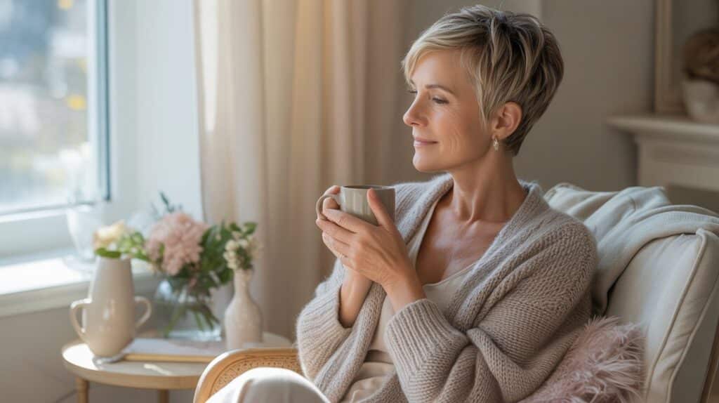 Soft reset for burnout for women over 40 with a calm midlife woman relaxing in a cozy, softly lit space