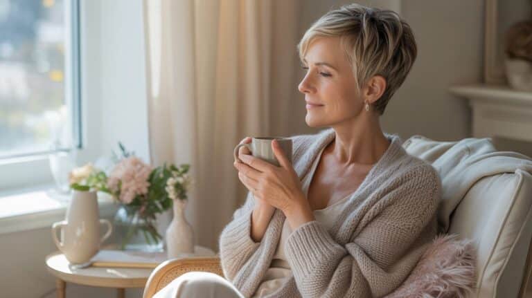 Soft reset for burnout for women over 40 with a calm midlife woman relaxing in a cozy, softly lit space