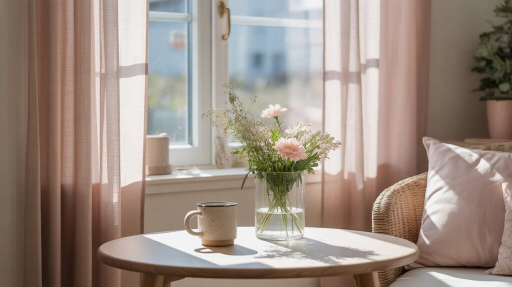 Spring self-care ideas that feel fresh and gentle, featuring a calm home with fresh flowers, soft light, and open windows.
