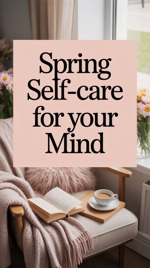 Spring mental self-care scene with a book, tea, and soft natural light.