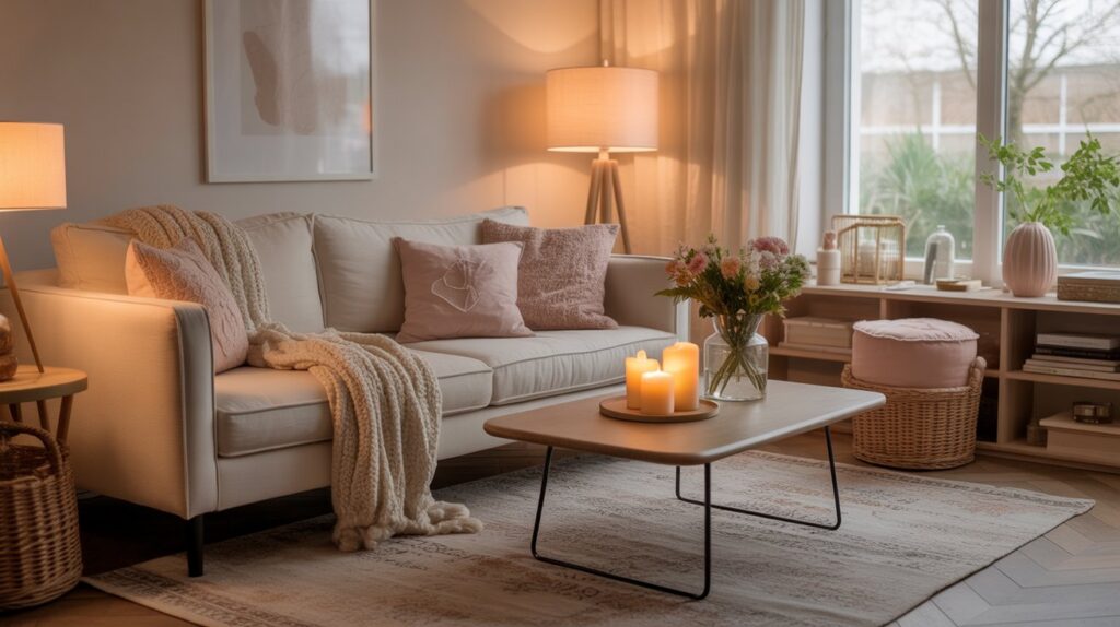 Cosy living room styled for comfort not perfection with soft cushions warm lighting and relaxed decor