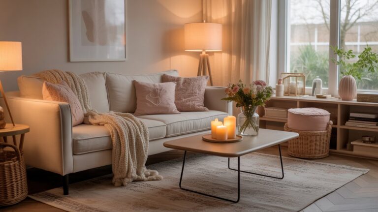 Cosy living room styled for comfort not perfection with soft cushions warm lighting and relaxed decor