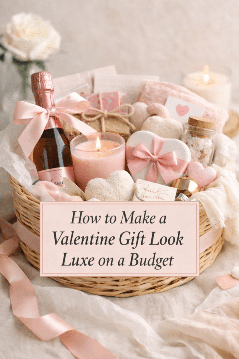 Valentine’s gift basket styled to look luxurious using simple budget-friendly techniques