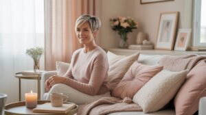 Cosy feminine living room designed for a woman living alone, featuring soft neutral decor, candles, natural light, and personal touches that create a warm and inviting home.