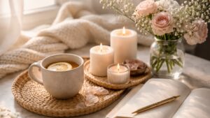 Soft, cozy wellness scene with a mug of herbal tea, lit candles, fresh flowers, crystals, and an open journal on a tray by a sunlit window, creating a calm and nurturing daily self-care atmosphere.