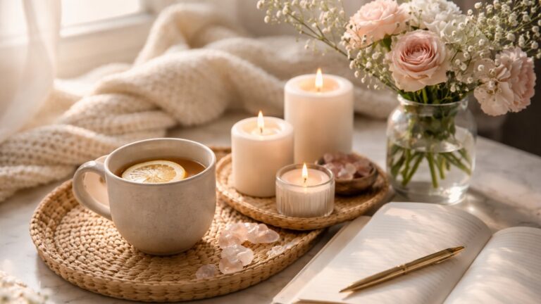 Soft, cozy wellness scene with a mug of herbal tea, lit candles, fresh flowers, crystals, and an open journal on a tray by a sunlit window, creating a calm and nurturing daily self-care atmosphere.