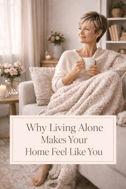 Woman in her 40s with highlighted pixie hair relaxing alone in a cosy living room designed with candles, soft textures, and neutral tones.