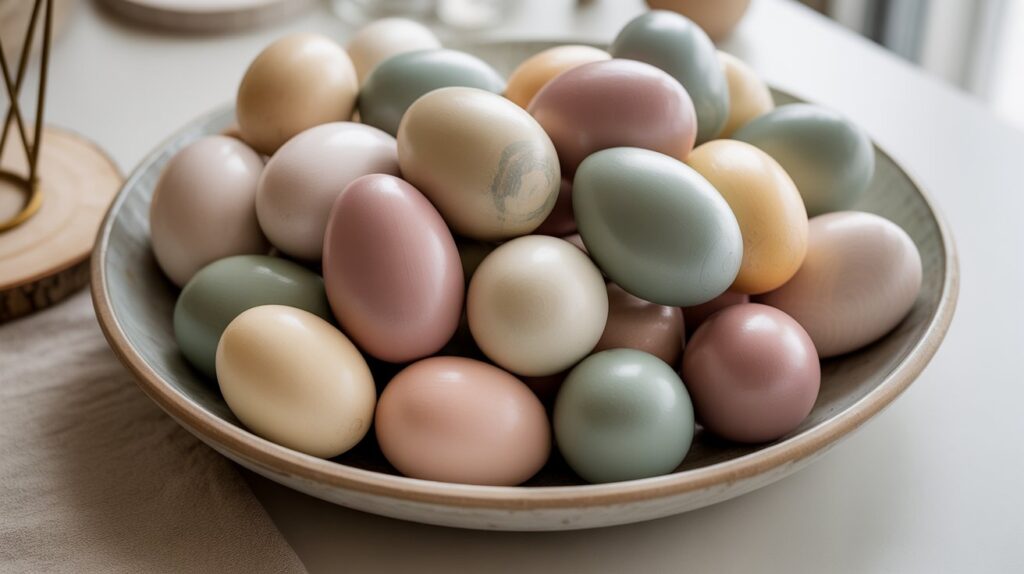 Painted wooden Easter eggs in soft pastel colors displayed in a ceramic bowl on a neutral surface.