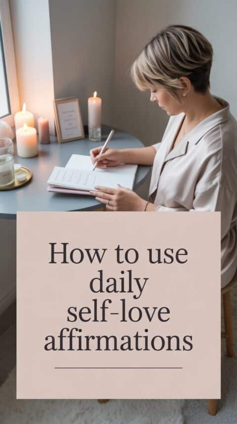 How to use daily self-love affirmations shown with a calm journaling self-care scene