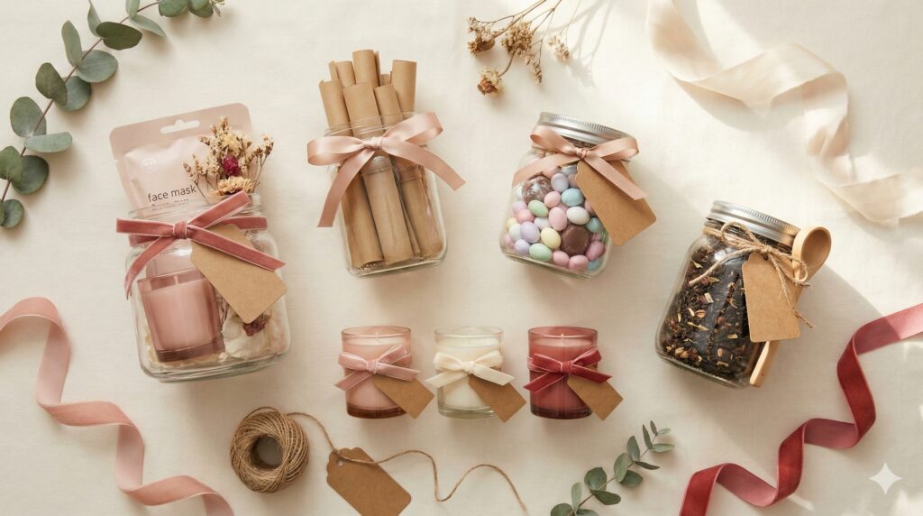 Styled flat lay of Galentine’s Day DIY gift ideas on a soft neutral background, including self-care gift jars, love notes jar, sweet treat jar, mini candles, and a coffee or tea gift jar, decorated with blush pink ribbons, kraft tags, and cozy textures, no people.