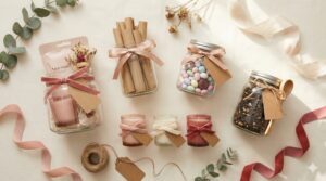 Styled flat lay of Galentine’s Day DIY gift ideas on a soft neutral background, including self-care gift jars, love notes jar, sweet treat jar, mini candles, and a coffee or tea gift jar, decorated with blush pink ribbons, kraft tags, and cozy textures, no people.