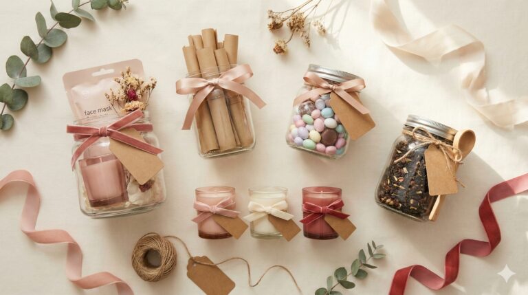 Styled flat lay of Galentine’s Day DIY gift ideas on a soft neutral background, including self-care gift jars, love notes jar, sweet treat jar, mini candles, and a coffee or tea gift jar, decorated with blush pink ribbons, kraft tags, and cozy textures, no people.