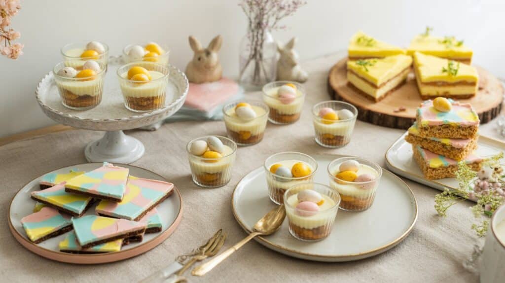 Easy Easter desserts displayed on a light, neutral table with mini egg cheesecake cups, chocolate bark, lemon traybake, rice krispie treats, and Easter dirt cups styled in soft spring tones.