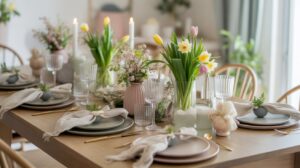 Elegant Easter dinner table styled with soft spring colours, fresh flowers, neutral tableware, and a calm, cosy atmosphere for a stress-free Easter celebration.