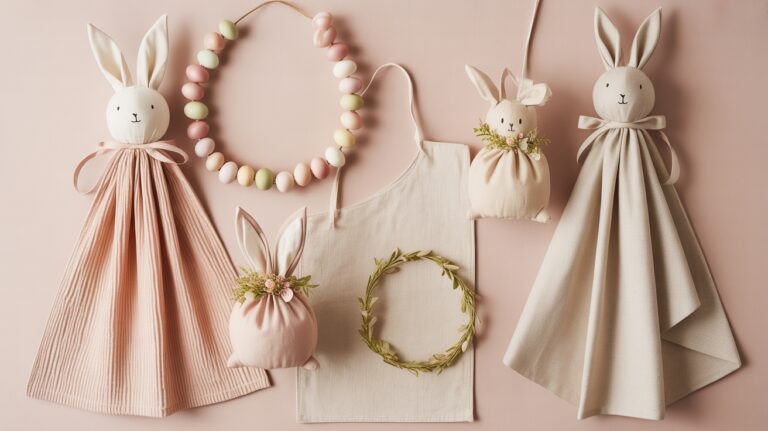 Flat lay of five no-sew Easter crafts including fabric bunnies, an Easter egg garland, bunny treat bags, a neutral table runner, and a spring wreath styled on a soft neutral background.