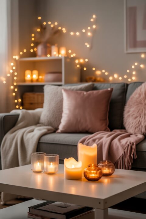 A cozy Galentine’s Day living space with warm fairy lights, LED candles, glass votives, soft blankets, and pink accent pillows creating a soft romantic glow.