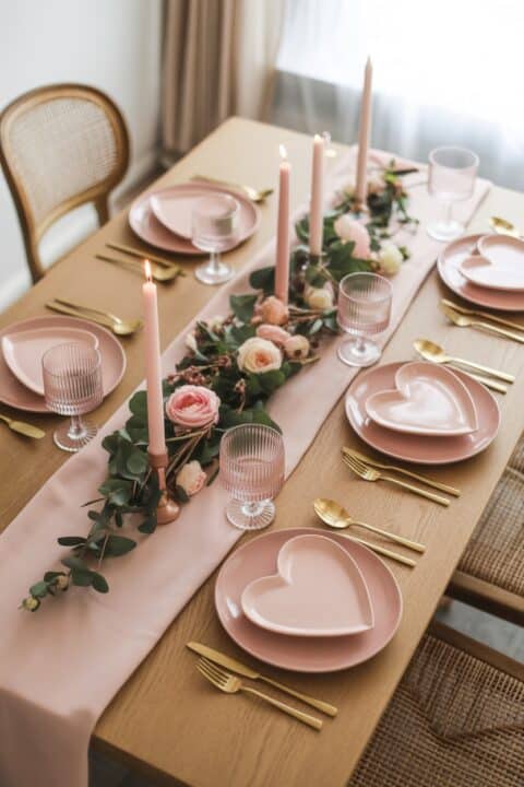 A beautifully styled Galentine’s Day dining table with a blush pink runner, heart-shaped plates, soft pink napkins, gold cutlery, floral centerpiece, and glowing candles.