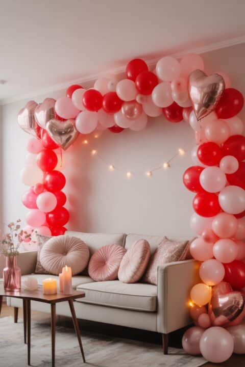A cozy living room decorated for Galentine’s Day with a pink, red, and blush balloon garland, heart-shaped balloons, soft fairy lights, candles, and feminine decor accents.