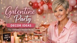 40+ woman with pixie highlighted hair holding a rosé cocktail in a cozy Galentine party setting with pink, red, and rose gold balloon decor, candlelight, fairy lights, and a styled table creating a fun, feminine, Pinterest-worthy atmosphere.