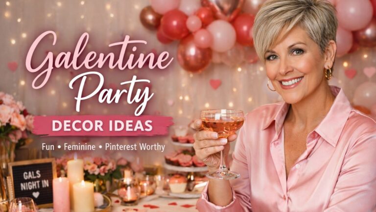 40+ woman with pixie highlighted hair holding a rosé cocktail in a cozy Galentine party setting with pink, red, and rose gold balloon decor, candlelight, fairy lights, and a styled table creating a fun, feminine, Pinterest-worthy atmosphere.