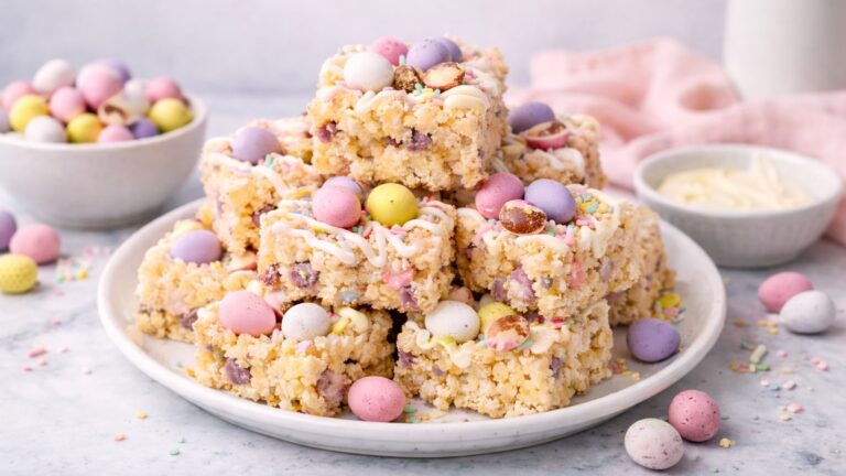 A plate of Mini Egg Rice Krispie Treats stacked in neat squares, topped with pastel Mini Eggs and white chocolate drizzle, styled on a light kitchen surface with soft spring colours in the background