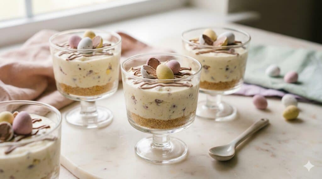 No-bake Mini Egg cheesecake cups in clear glass jars with biscuit base, creamy cheesecake filling, and pastel Mini Egg topping, styled for an Easter dessert table.