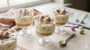 No-bake Mini Egg cheesecake cups in clear glass jars with biscuit base, creamy cheesecake filling, and pastel Mini Egg topping, styled for an Easter dessert table.
