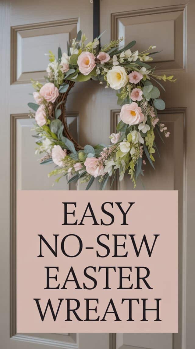 Spring Easter wreath with faux flowers and greenery hanging on a neutral door.