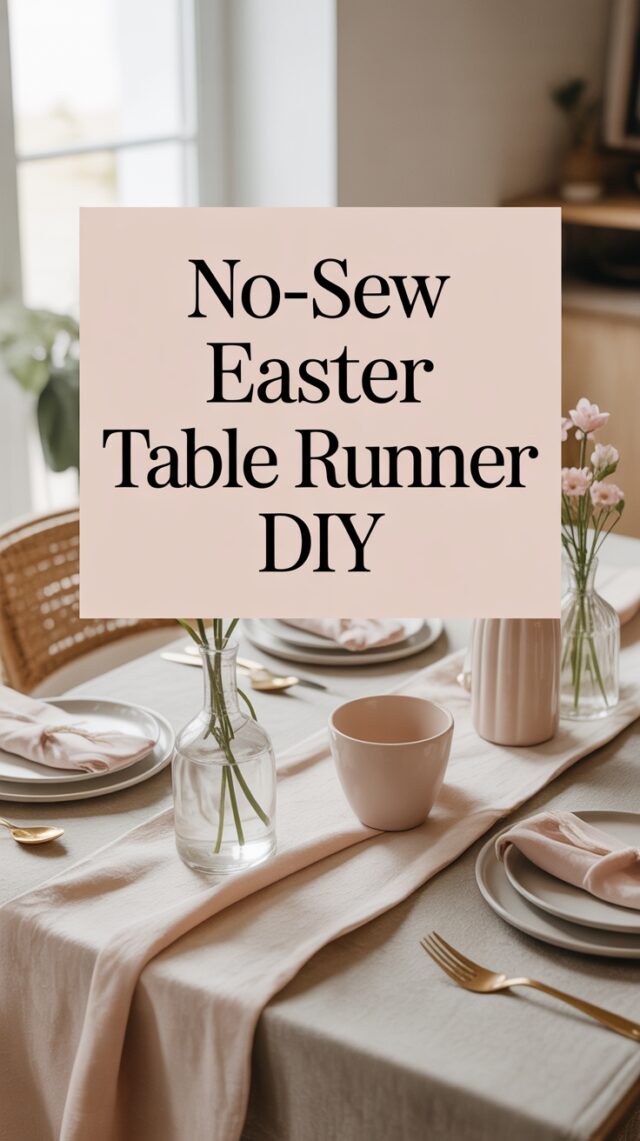 Neutral linen Easter table runner styled on a dining table with spring decor.
