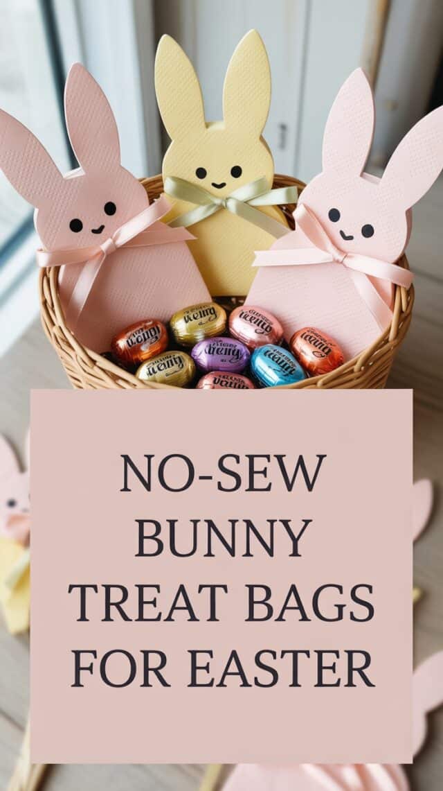 Easter bunny treat bags made from napkins tied with ribbon and filled with chocolates.
