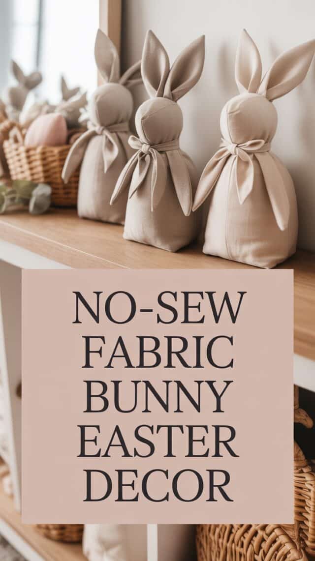 Neutral fabric bunny decorations made without sewing, styled on a shelf with soft spring decor.