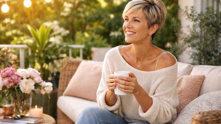 A 40+ woman with pixie highlighted hair sits comfortably on a sunlit balcony, holding a mug and smiling softly, surrounded by cozy neutral cushions, candles, flowers, and greenery, capturing a calm and confident midlife lifestyle moment.