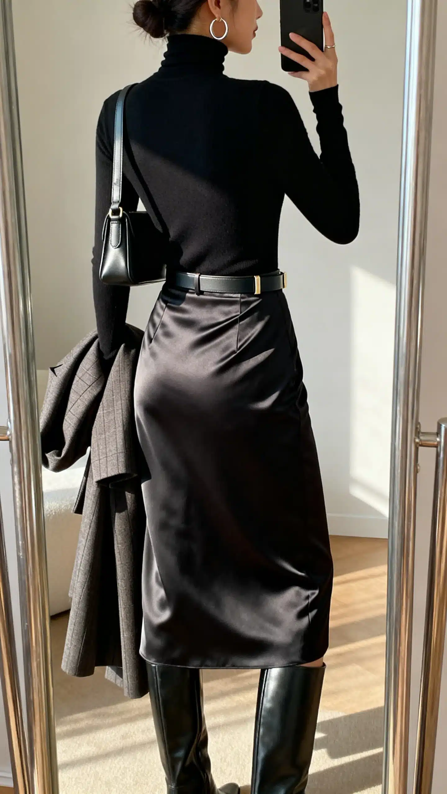 iPhone back-view mirror selfie of a woman wearing a fitted black turtleneck with a bias-cut satin midi skirt, knee-high boots, a refined shoulder bag, minimal hoops, and a slim belt; optional tailored coat on arm, face not visible, full-length mirror, soft afternoon indoor light, iPhone photo quality.