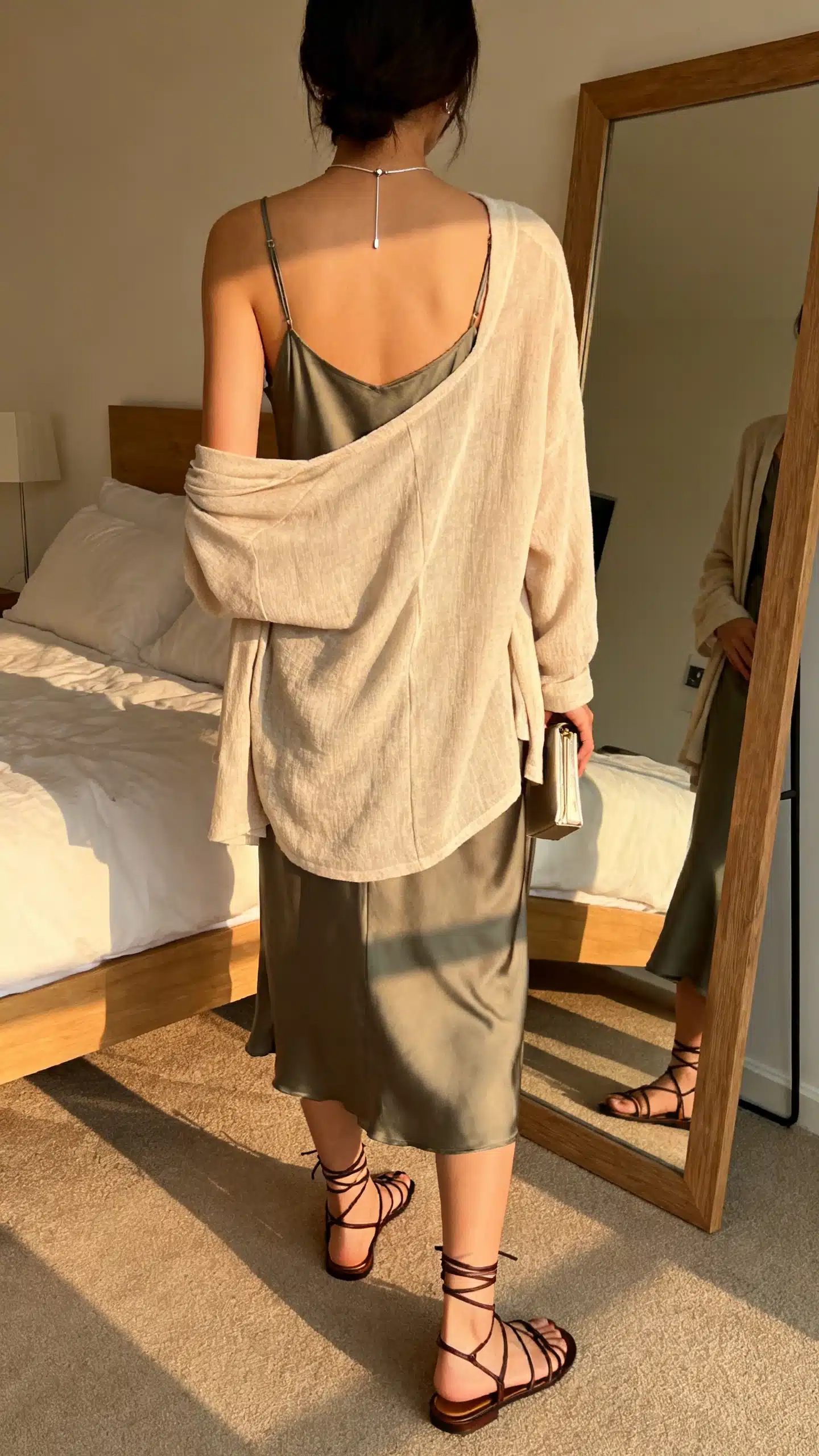 iPhone back view of a woman layering a slip dress under a lightweight cardigan with strappy sandals and a minimal pendant necklace, small clutch, face not visible, full-length mirror in bedroom, late afternoon natural light, iPhone photo quality