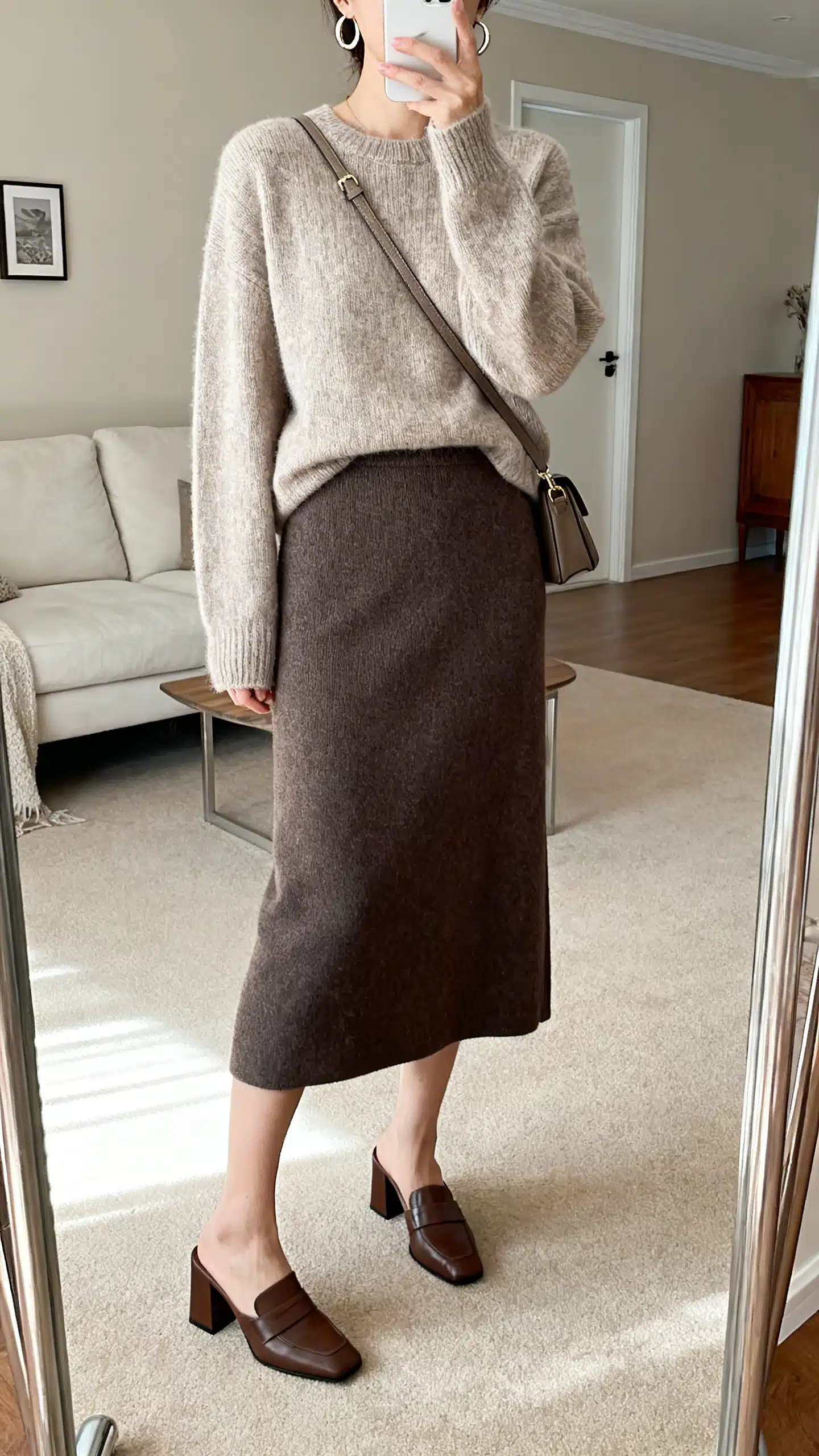 iPhone mirror selfie of a woman in a cashmere (or soft knit) sweater paired with a midi skirt, block-heel mules, simple hoop earrings, crossbody bag, face not visible, cropped at neck, living room mirror, soft indoor lighting, iPhone photo quality