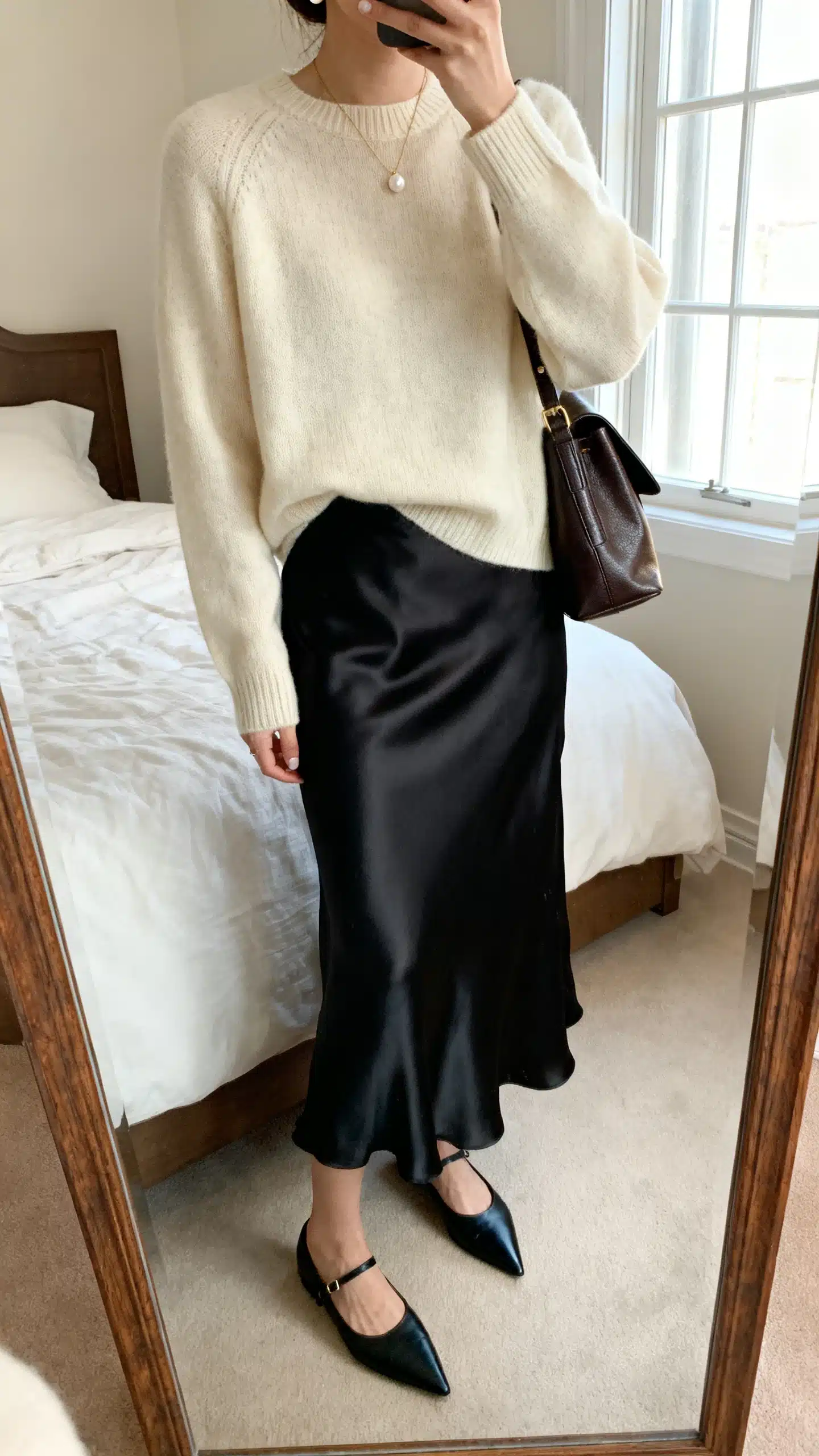 iPhone mirror selfie of a woman in a cream cashmere crewneck sweater paired with a black satin midi slip skirt, pointed flats, a leather shoulder bag, a fine pendant necklace, and pearl studs, face not visible, cropped at neck, bedroom mirror, soft natural window light, iPhone photo quality.