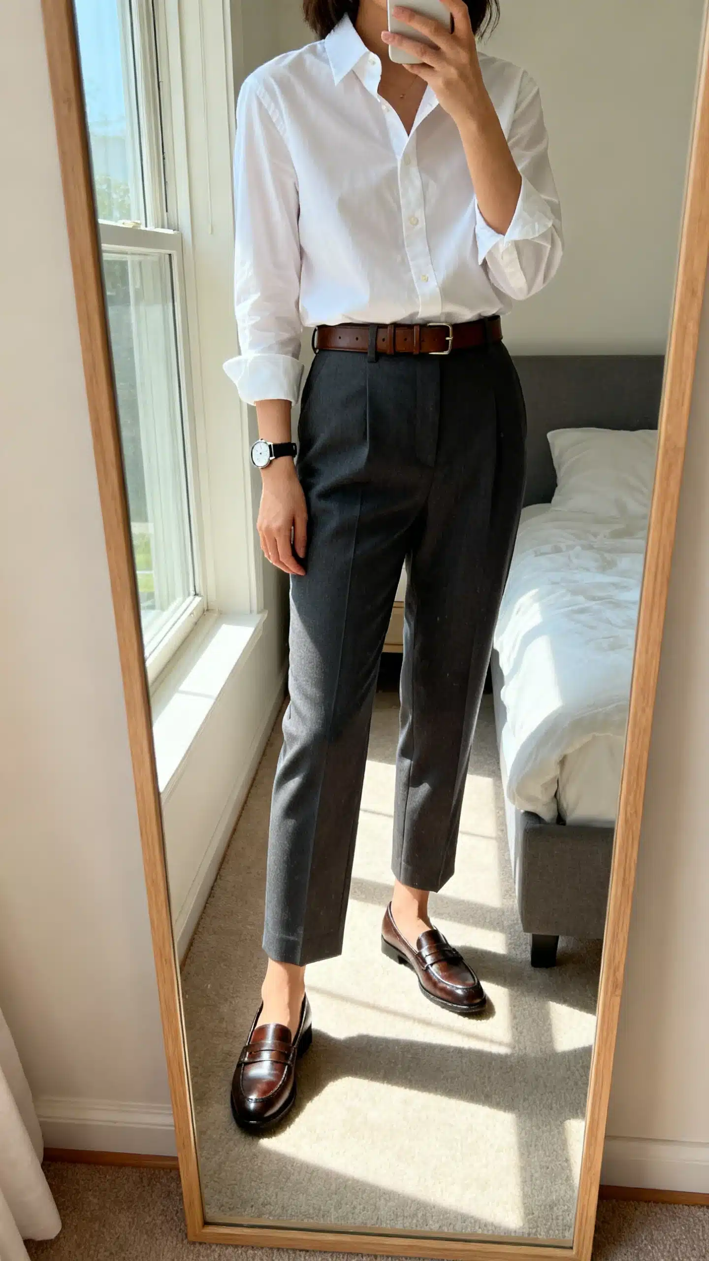 iPhone mirror selfie of a woman in a crisp white button-up shirt tucked into tailored trousers, classic loafers, a leather belt, and a simple watch, face not visible, cropped at shoulders, full-length mirror, morning window light, iPhone photo quality