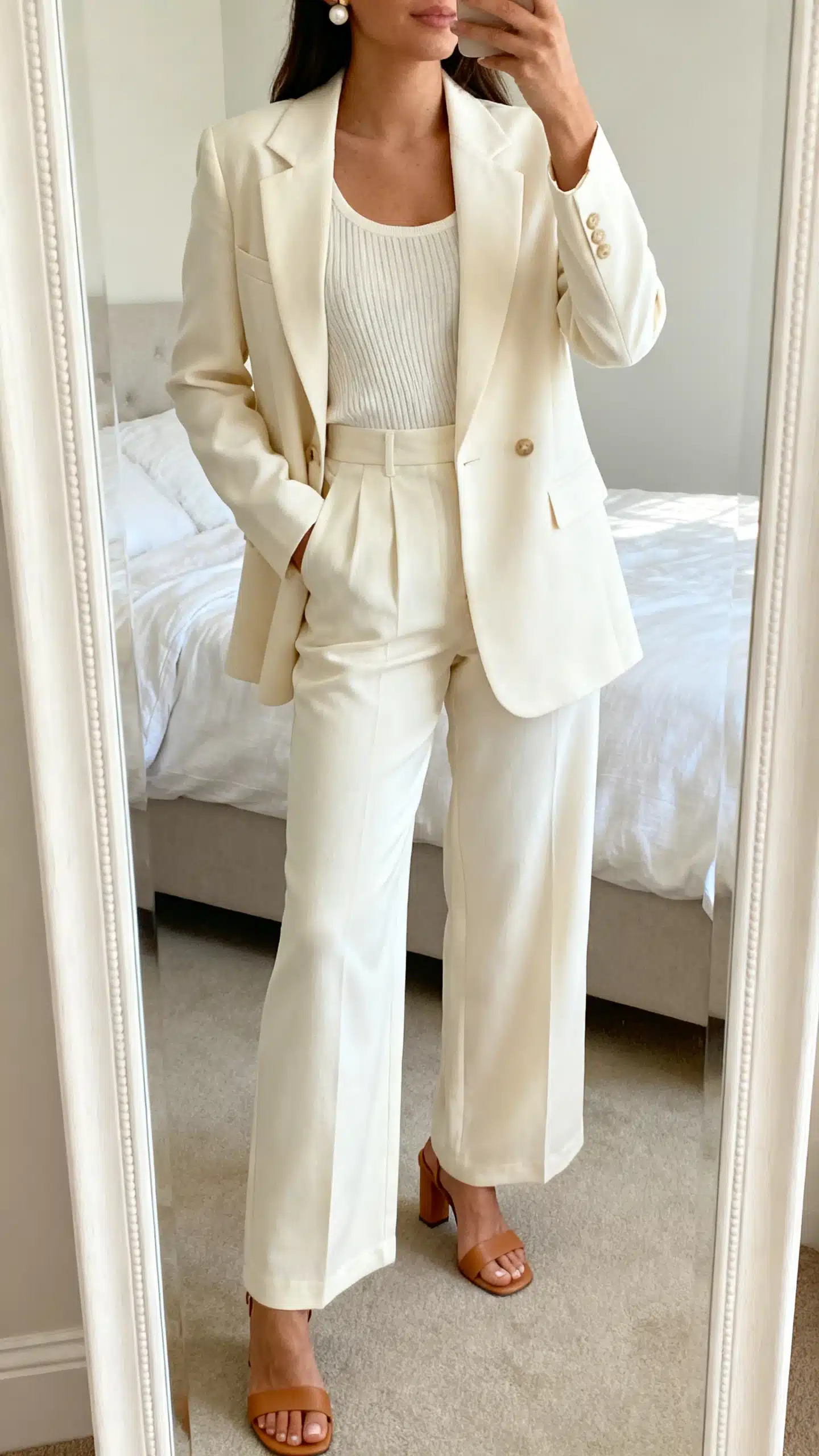 iPhone mirror selfie of a woman in a monochrome set: cream tailored blazer with matching cream wide-leg trousers, cream knit tank, tan heeled sandals, and subtle pearl studs, face not visible, cropped at shoulders, bedroom mirror, natural light, iPhone photo quality.