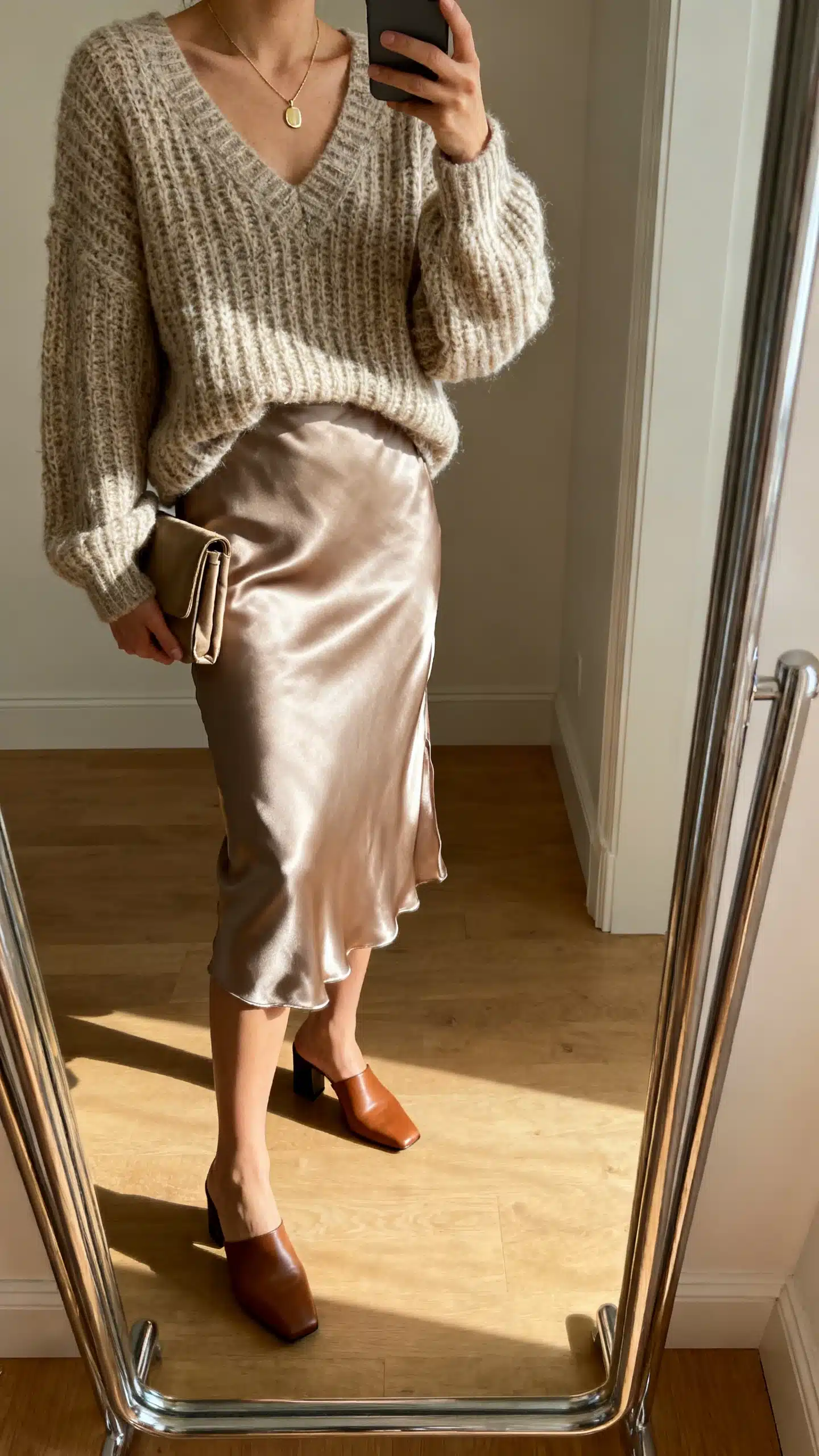 iPhone mirror selfie of a woman in a satin slip skirt with a chunky knit sweater, delicate pendant necklace, block-heel mules, and a small clutch, face not visible, cropped at neck, full-length mirror, warm indoor lighting, iPhone photo quality