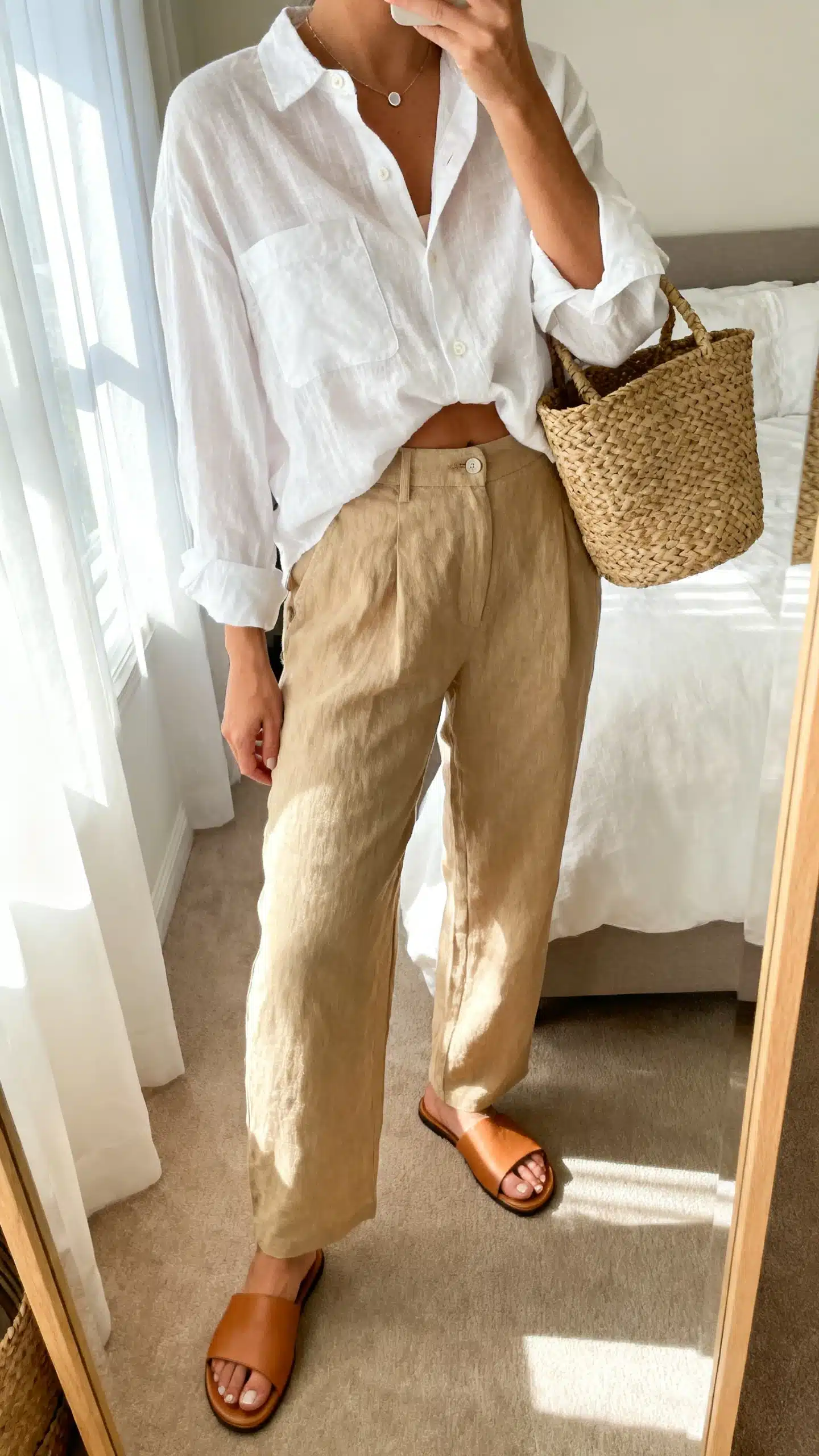 iPhone mirror selfie of a woman wearing a breezy white button-up shirt half-tucked into sand linen trousers, tan slide sandals, woven basket bag, and simple studs, face not visible, cropped at shoulders, bedroom mirror, bright morning window light, iPhone photo quality.