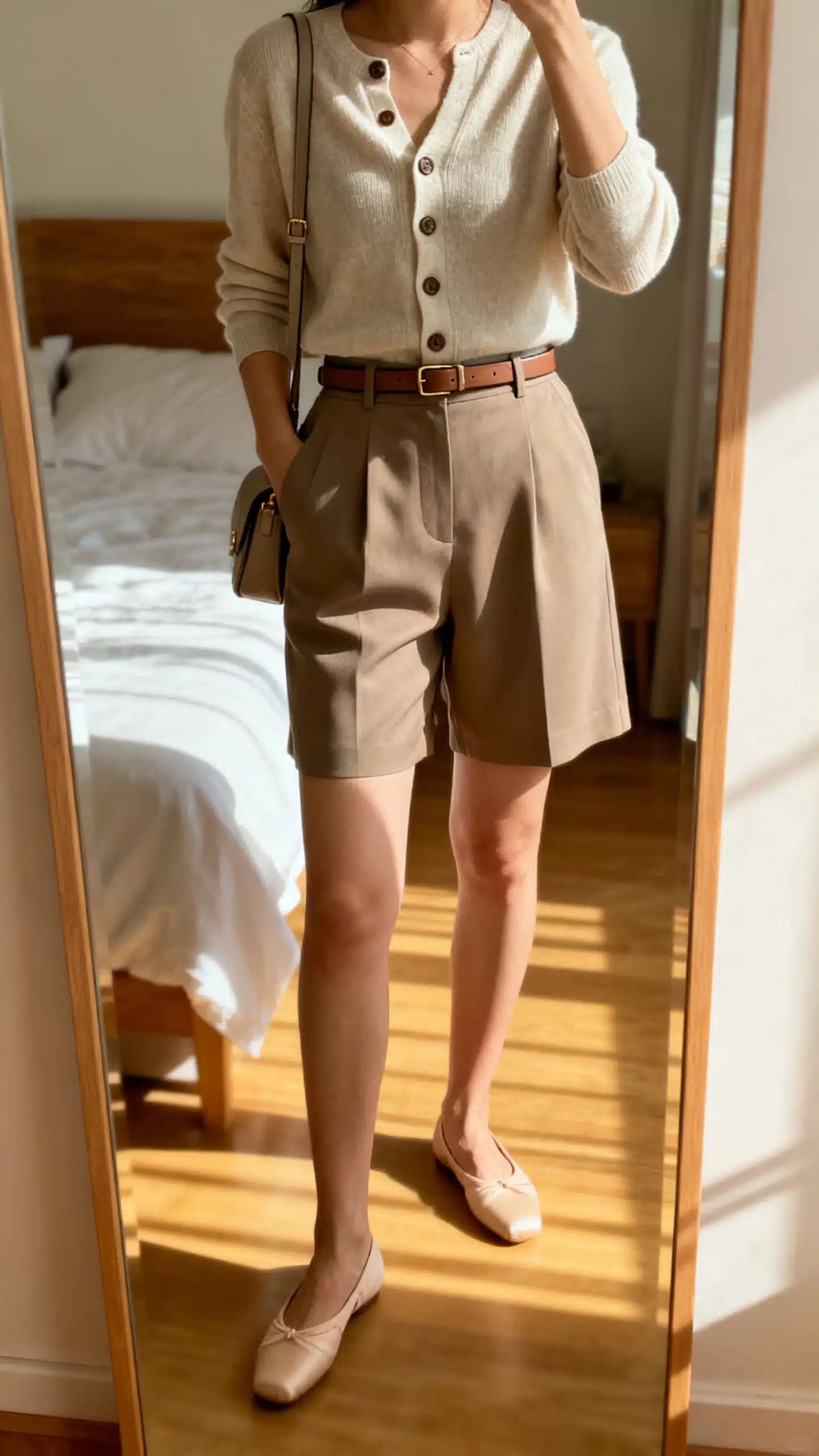 iPhone mirror selfie of a woman wearing a cardigan-as-top (buttoned) tucked into tailored high-waist shorts, ballet flats, slim belt, and a small shoulder bag, face not visible, cropped at shoulders, bedroom mirror, gentle afternoon window light, iPhone photo quality.
