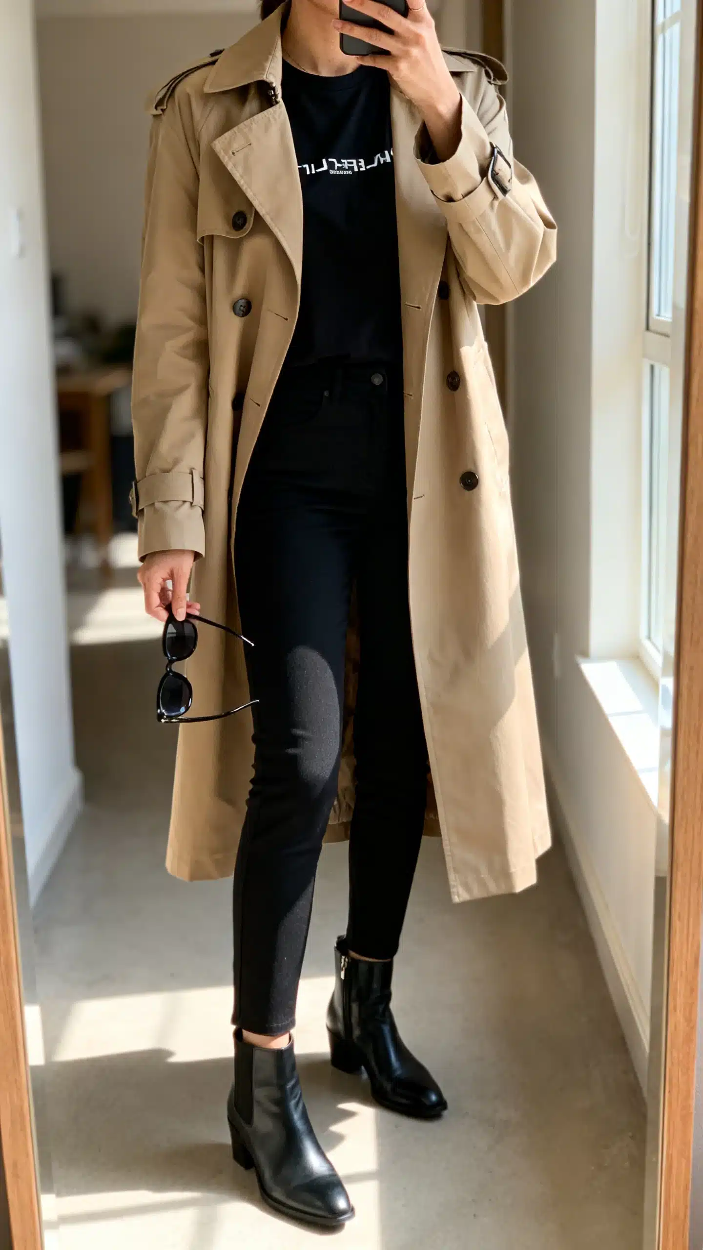 iPhone mirror selfie of a woman wearing a classic trench coat over an all-black base (black tee and slim black trousers), black ankle boots, and sleek sunglasses in hand, face not visible, hallway mirror, natural window light, iPhone photo quality