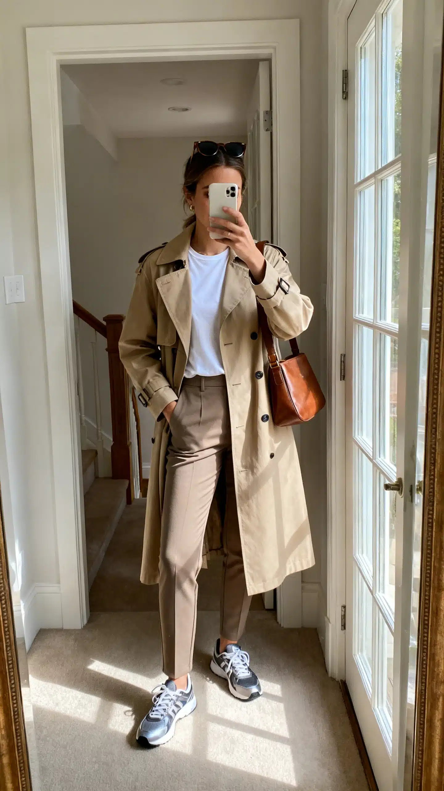 iPhone mirror selfie of a woman wearing a classic trench coat over a minimal base (plain tee and slim trousers), sleek sneakers, leather shoulder bag, sunglasses pushed to head, face not visible, entryway mirror, morning window light, iPhone photo quality