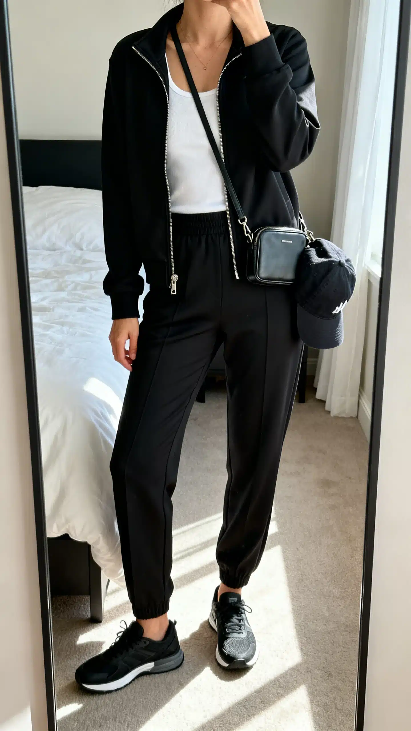 iPhone mirror selfie of a woman wearing a polished athleisure set: black tailored joggers with a matching zip-up track jacket over a white tank, sleek black trainers, small crossbody, and a baseball cap clipped to the bag, face not visible, cropped at neck, bedroom mirror, morning light, iPhone photo quality.