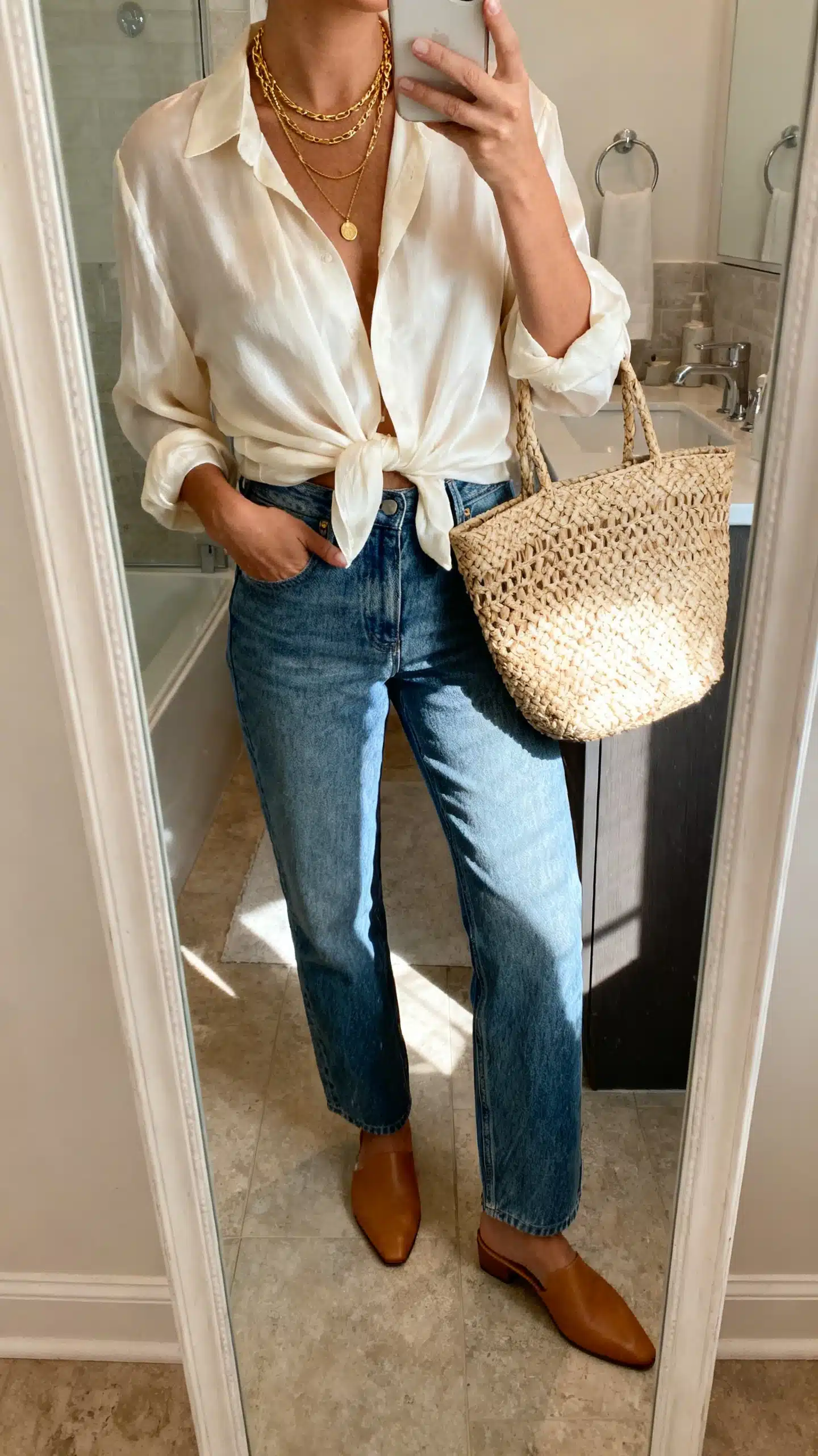 iPhone mirror selfie of a woman wearing straight-leg mid-wash denim with a fluid ivory silk blouse half-tucked, tan mules, layered gold necklaces, and a woven tote, face not visible, cropped at neck, bathroom mirror, natural daylight, iPhone photo quality.